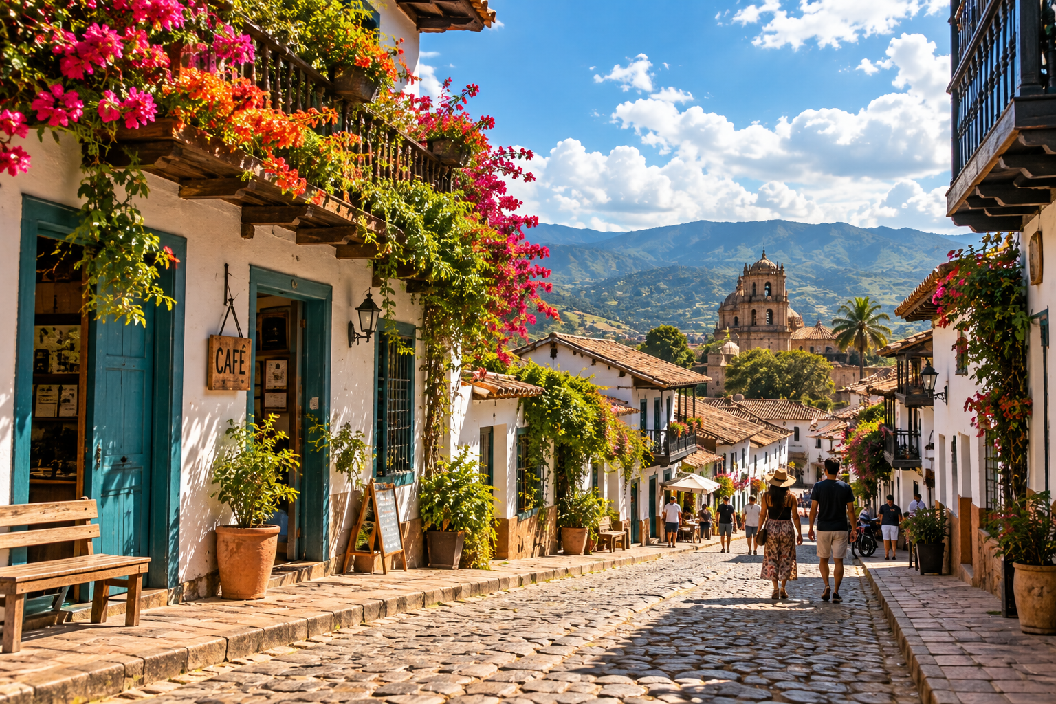 Calle de arquitectura colonial con flores y ambiente turístico
