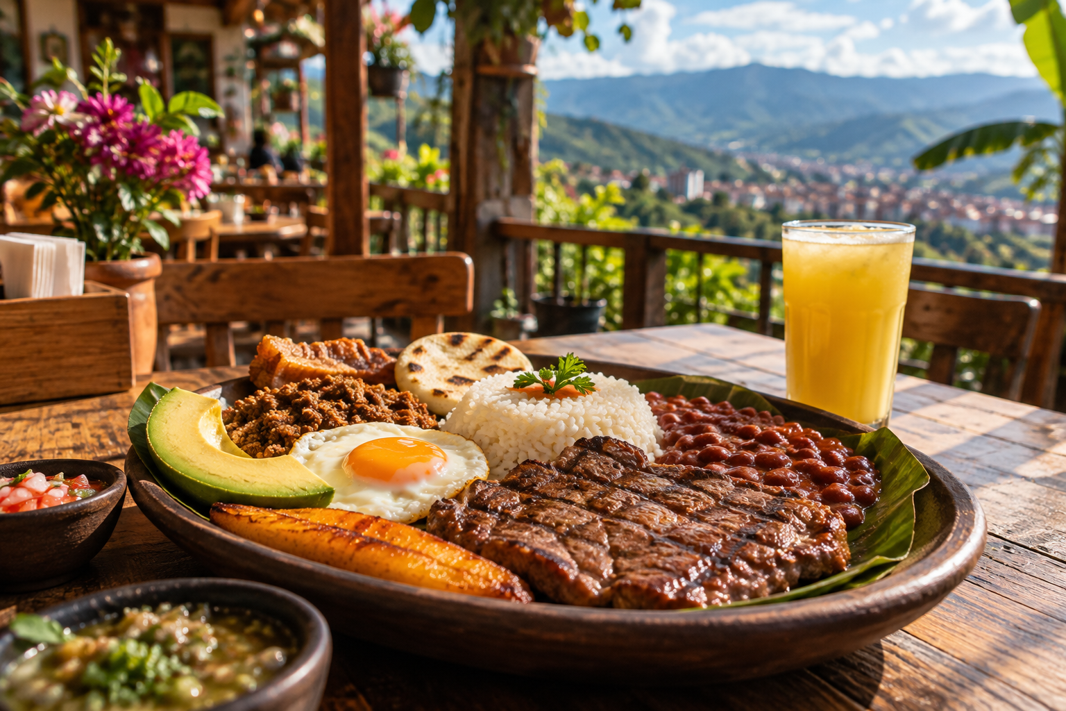 Gastronomía colombiana en restaurante con vista a las montañas